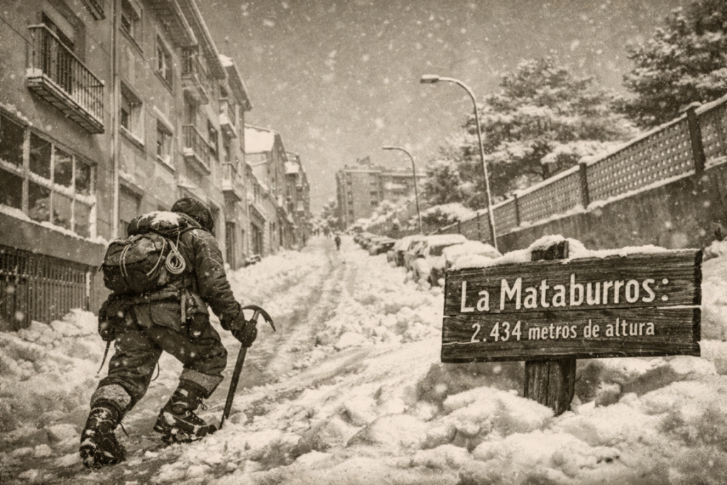 Imagen de la cuesta de la Mataburros en Ávila diseñada de forma cómica, con un montañero ascendiendo por ella