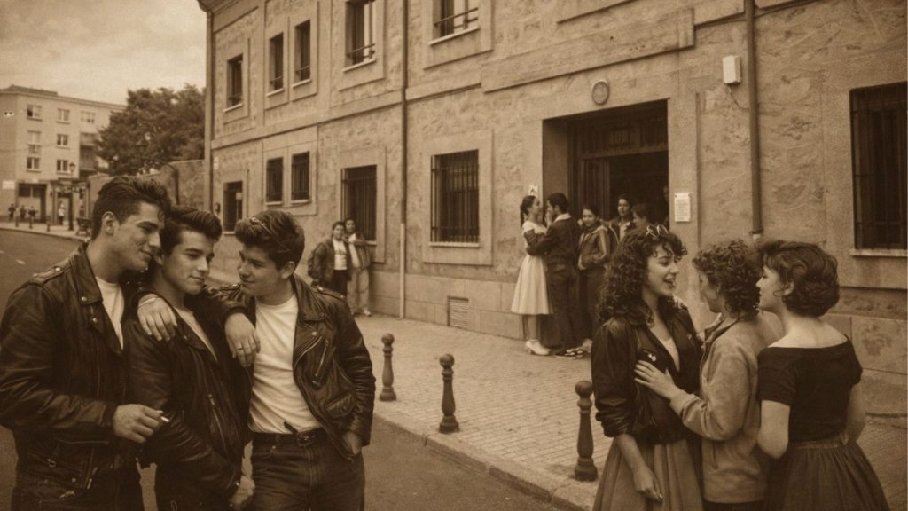 Un grupo de jóvenes estudiantes conversan en la puerta del instituto Medalla Milagrosa